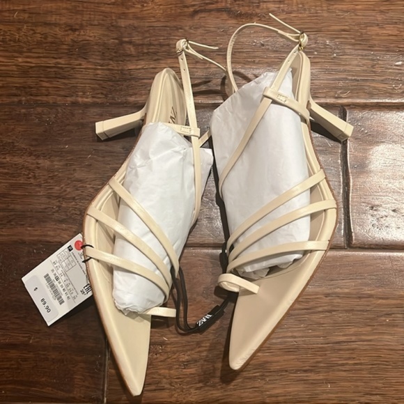 NWT ZARA Pointed Toe Heeled Leather Sandals White Women’s Size 6.5 - Picture 7 of 8